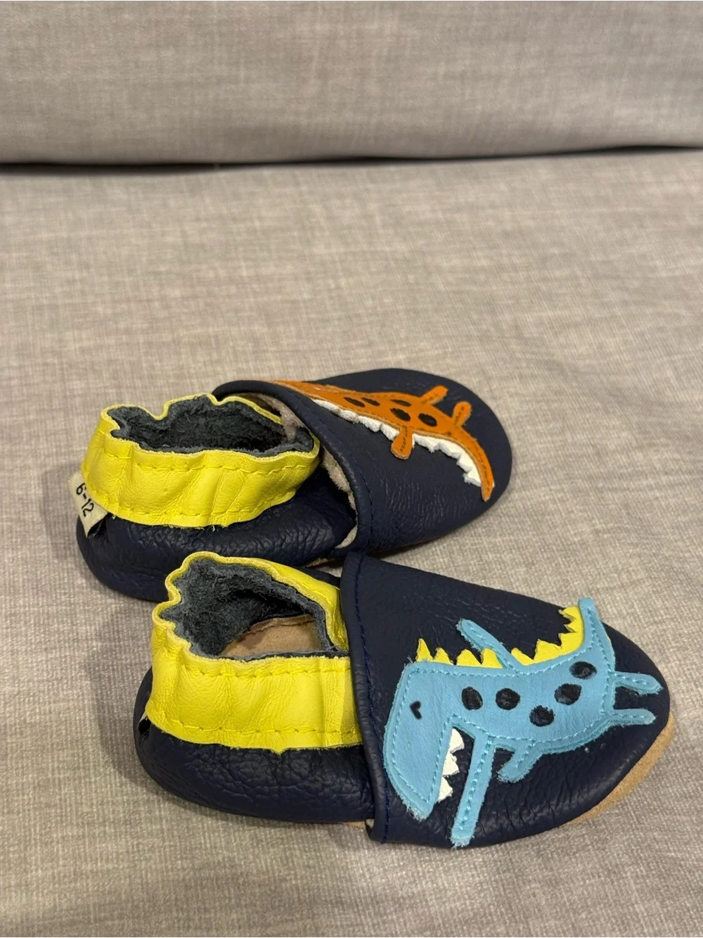 Kids Navy Leather Dino Slip-On Shoes in Blue & Orange